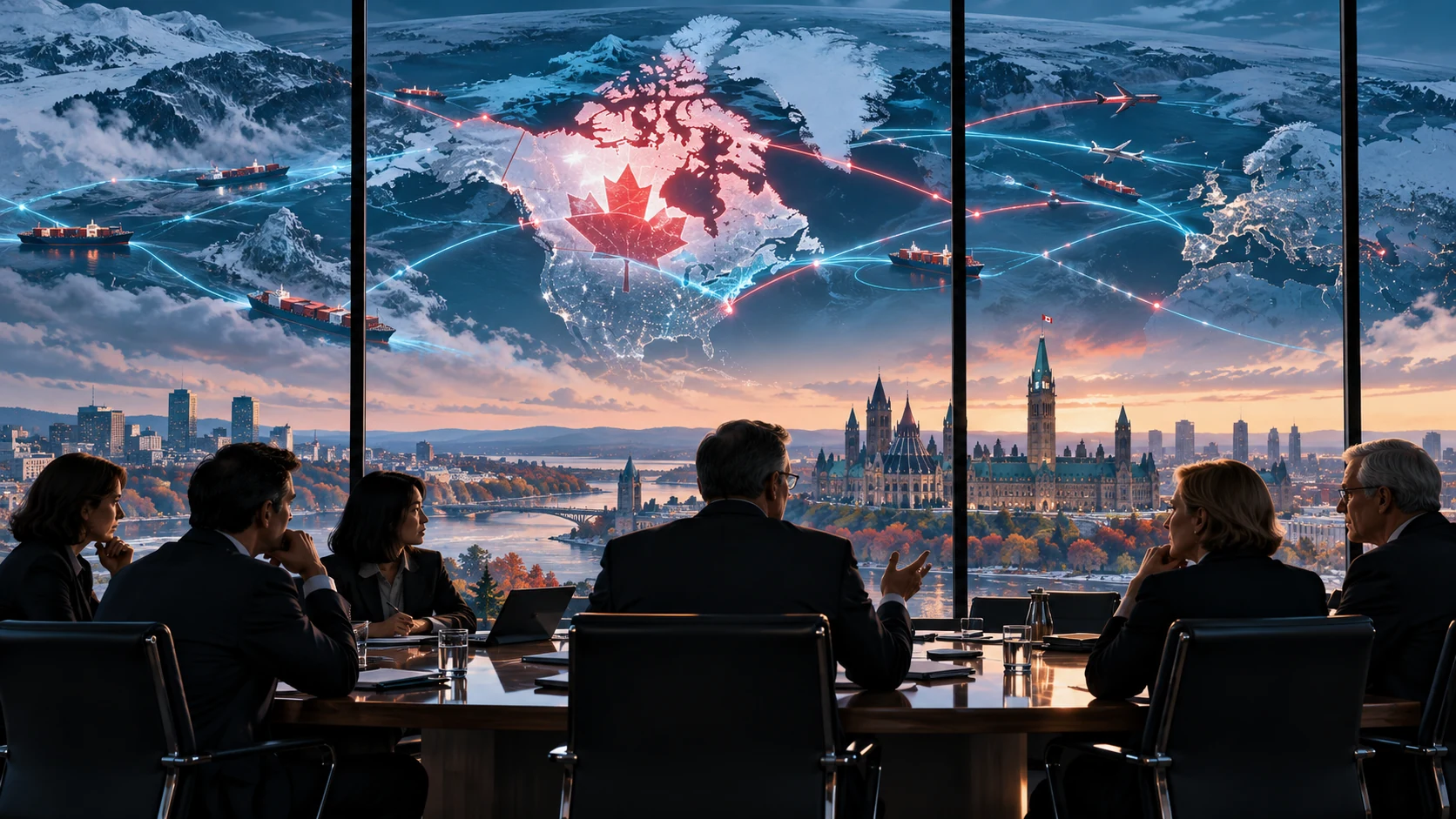 Canadian market desk with a world map, trade documents and subdued oil-market lights