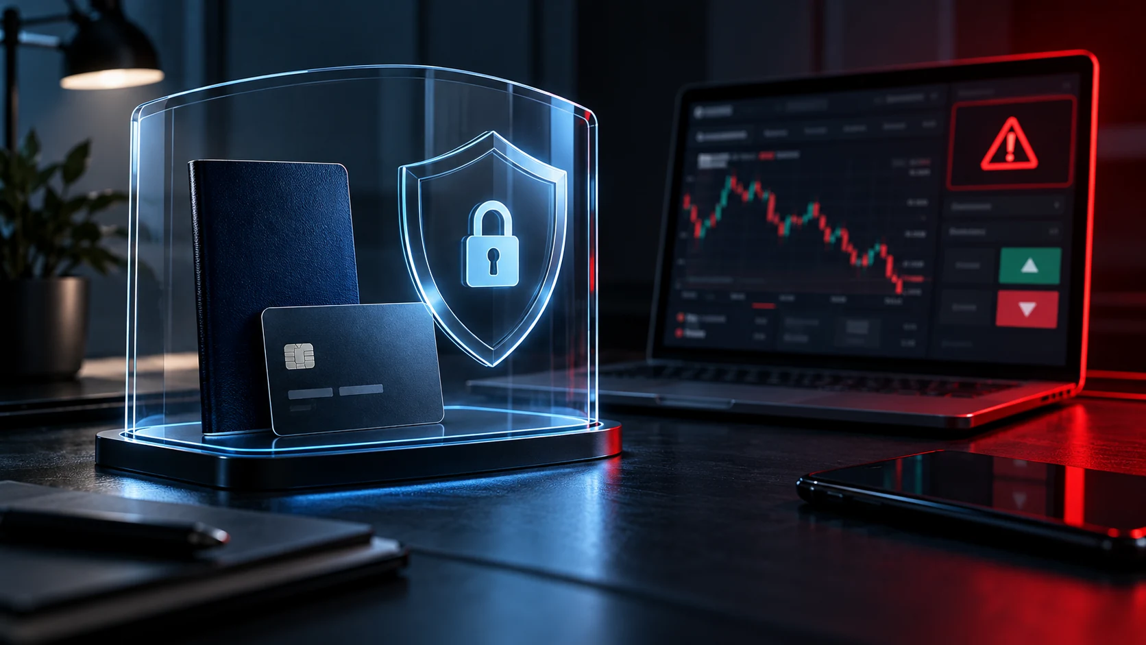 Passport and payment card protected behind a warning shield beside an unverified trading platform