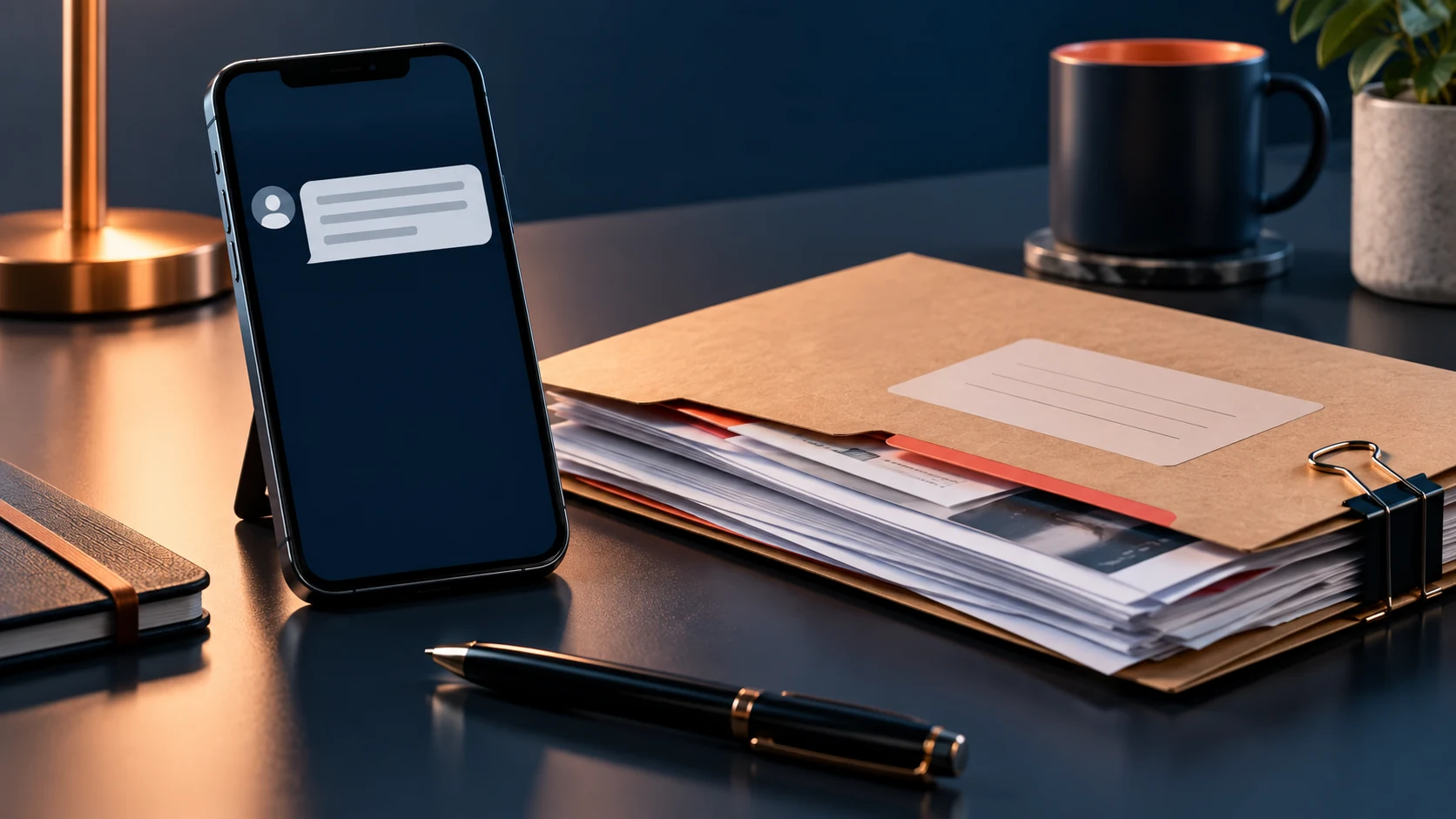 A generic trading message on a phone beside a folder for preserving account records