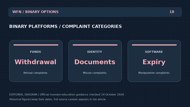 Оригинальная редакционная схема WFN: БИНАРНЫЕ ПЛАТФОРМЫ / КОМПЛАИНТНЫЕ КАТЕГОРИИ. ФОНДЫ: Снятие — Отказ от жалоб; Идентичность: Документы — Жалобы на злоупотребление; ПРОГРАММНОЕ ОБЕСПЕЧЕНИЕ: Исчерпание — Жалоба на манипуляции.
