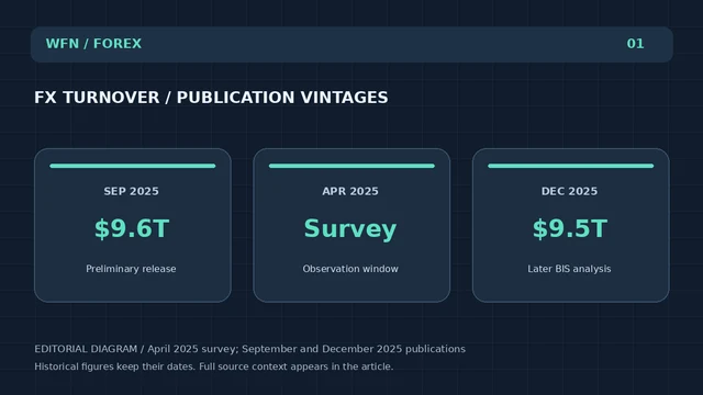 Оригинальная редакционная схема WFN: FX TURNOVER / PUBLICATION VINTAGES. SEP 2025: $9,6T — Предварительный релиз; APR 2025: Survey — Observation window; DEC 2025: $ 9,5T — Более поздний анализ БМР.
