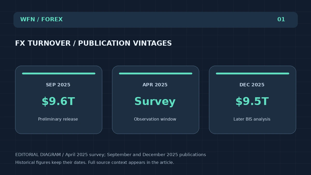 Оригинальная редакционная схема WFN: FX TURNOVER / PUBLICATION VINTAGES. SEP 2025: $9,6T — Предварительный релиз; APR 2025: Survey — Observation window; DEC 2025: $ 9,5T — Более поздний анализ БМР.