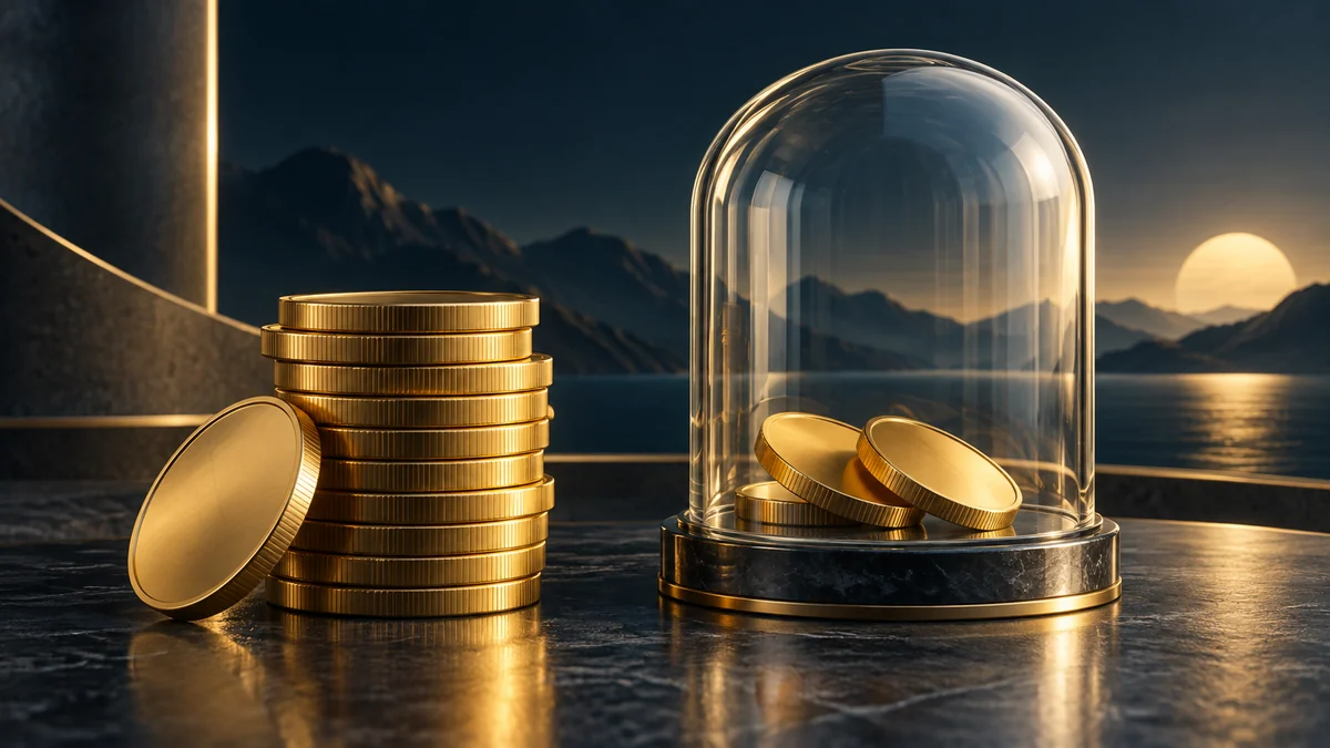 Интерпретирующая иллюстрация конечного резерва Bitcoin с одной заблокированной частью и другими доступными элементами.