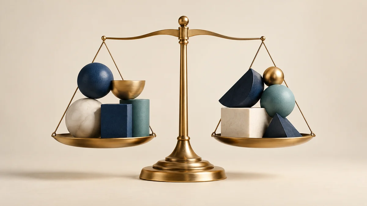 Abstract contrasting blocks balanced around a central survey scale; editorial illustration.