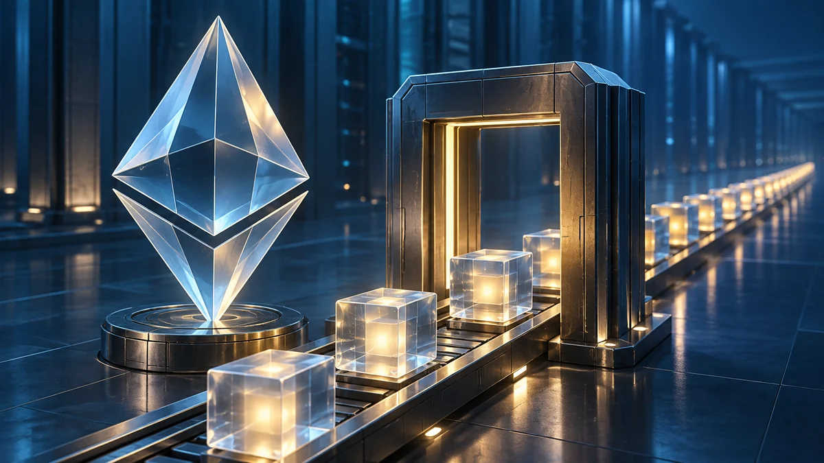 Редакционная иллюстрация кристалла Ethereum, узлов валидатора и ворот очереди вывода.