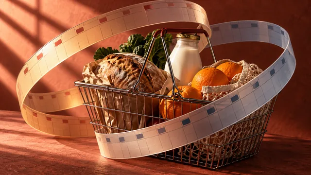 Продуктовая корзина в двух офсетных полупрозрачных календарных кольцах. Иллюстрация, созданная ИИ, а не документальные доказательства.