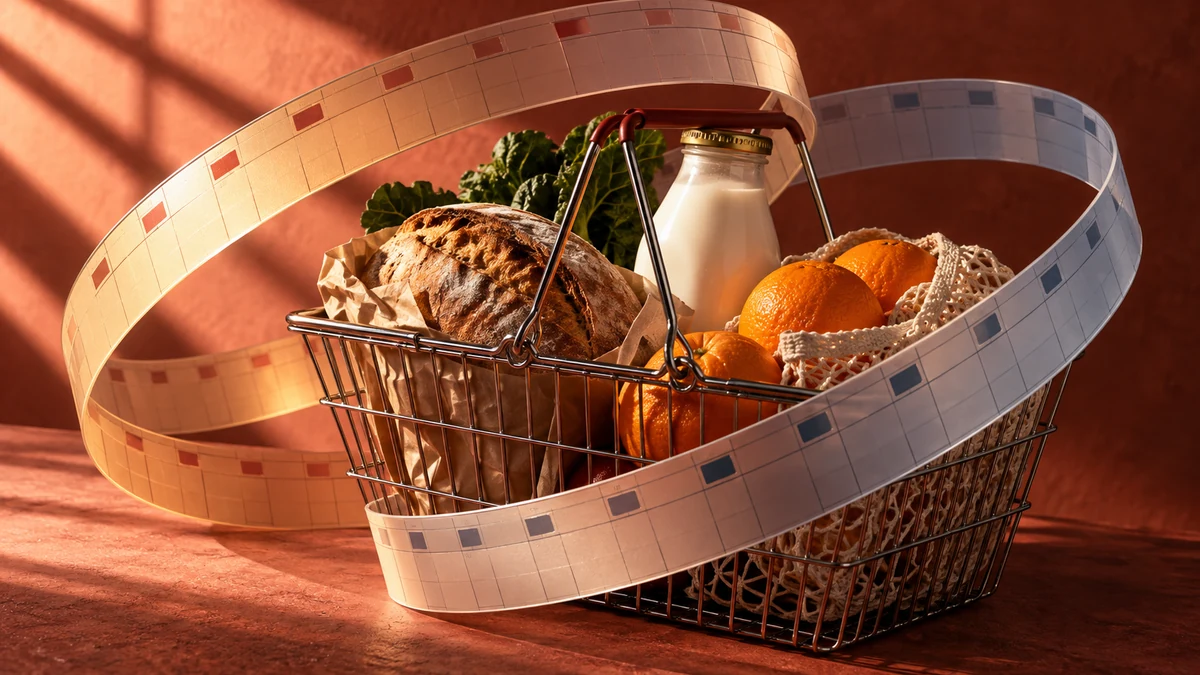 Продуктовая корзина в двух офсетных полупрозрачных календарных кольцах. Иллюстрация, созданная ИИ, а не документальные доказательства.