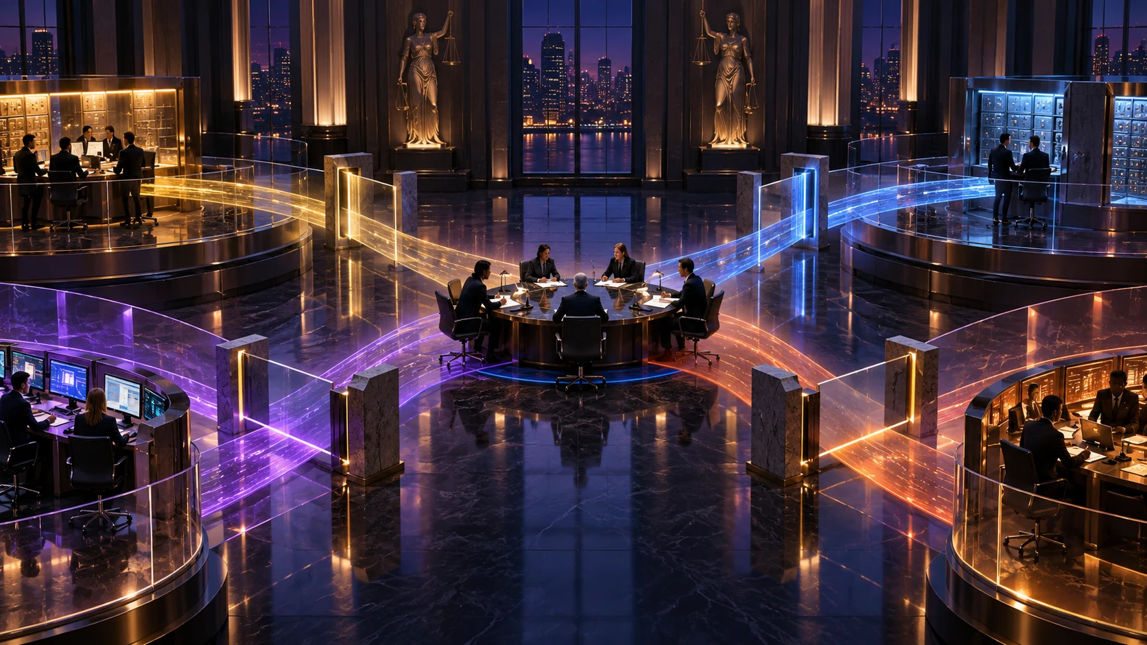 Crypto exchange governance meeting with intersecting listing, custody and execution pathways highlighted