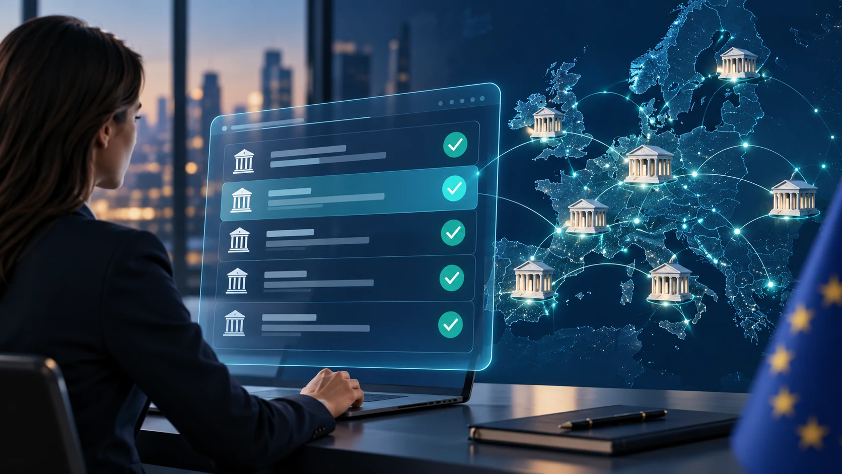 A digital regulatory register concept on a clean screen with a European map in the background