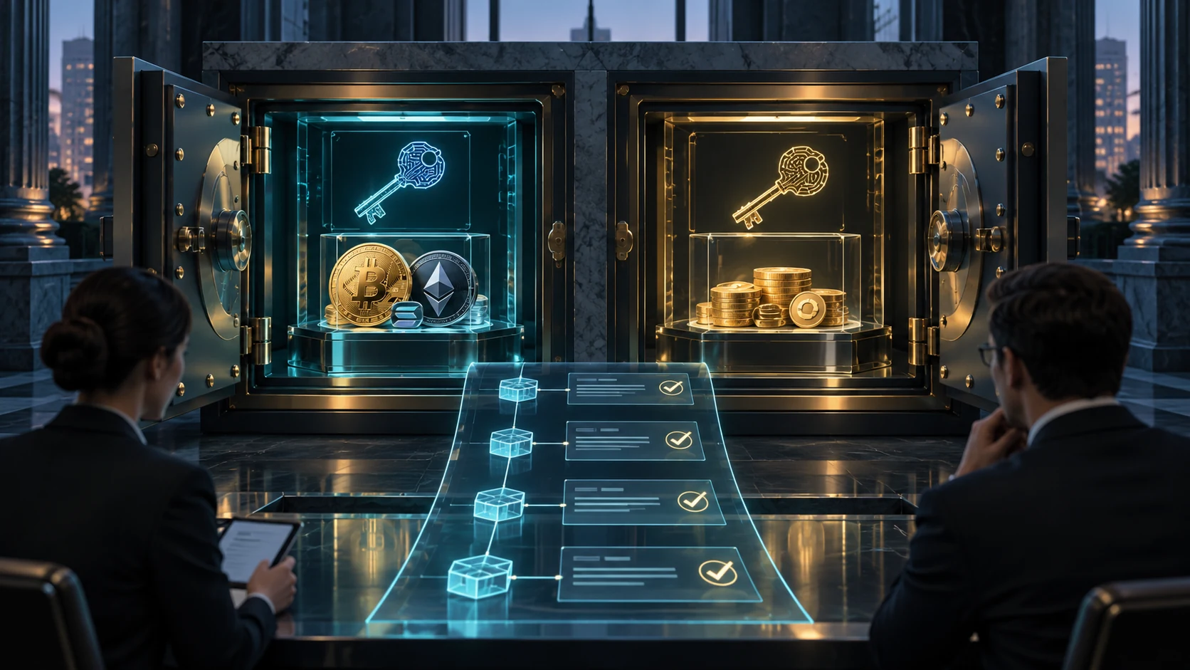 Custody security concept with a digital asset ledger and separated vault compartments