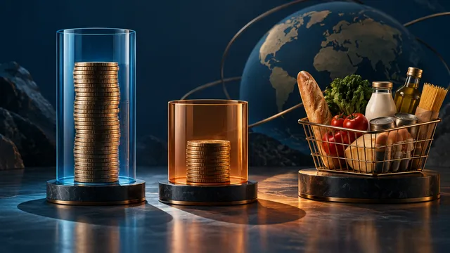 Две неравные стеки монет рядом с продуктовой корзиной, иллюстрирующие номинальную доходность и покупательную способность.