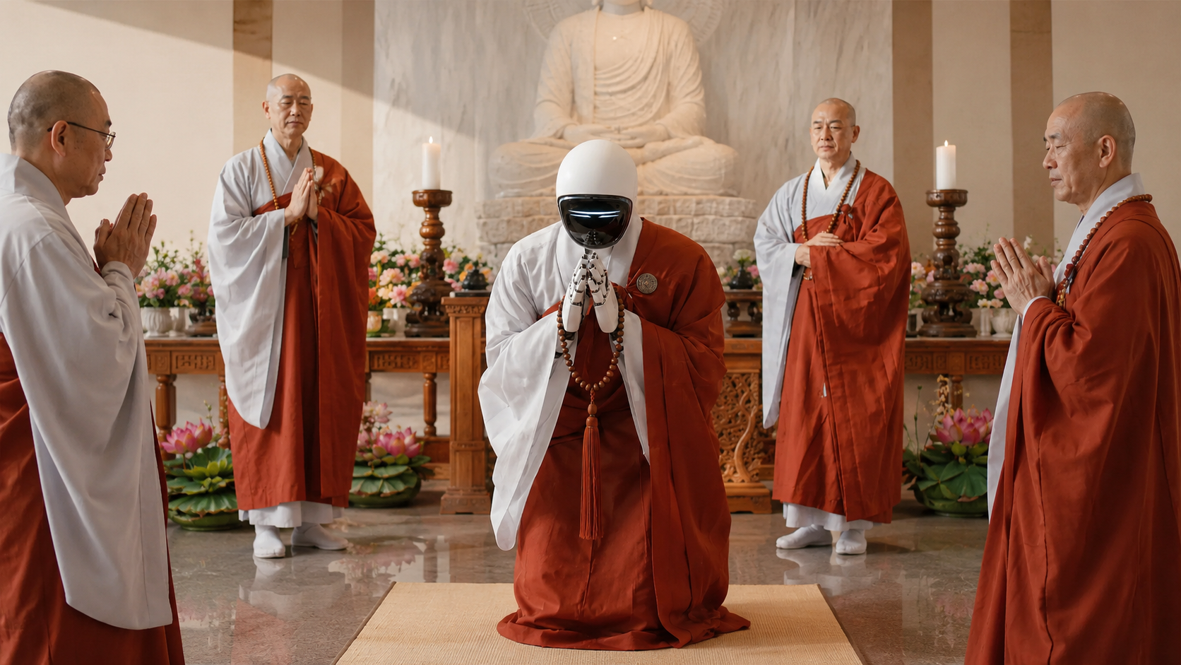 Robot Monk Gabi: South Korea Turns Buddhist Ethics Into AI Rules Humanoid robot monk Gabi wearing Buddhist robes during ordination ceremony in Seoul, South Korea.